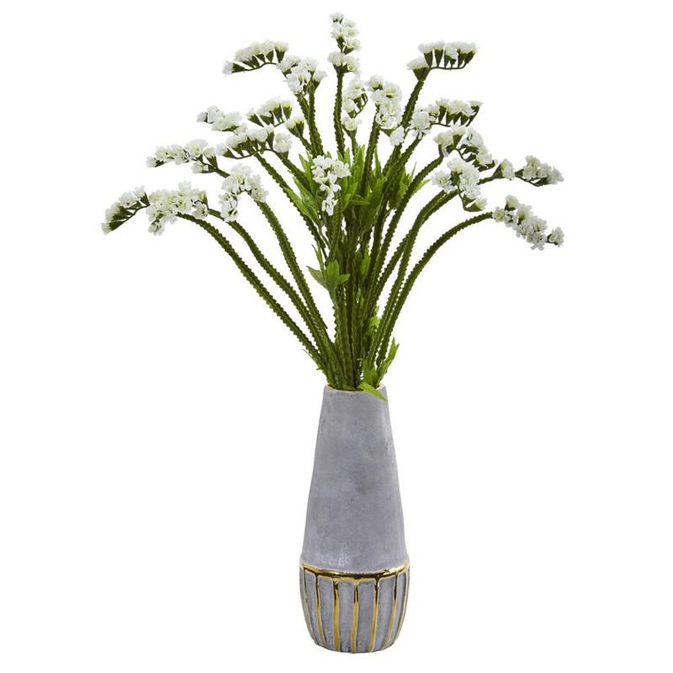 23" Baby Breath Artificial Arrangement In Oval Vase With Gold Trimming A1077-WH By Nearly Natural