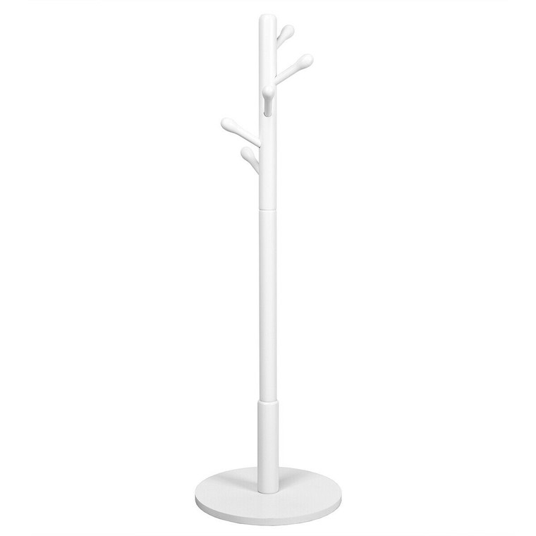 Wooden Coat Rack Stand Entryway Hall Tree 2 Adjustable Height w/ 10 Hooks-White