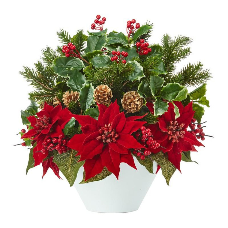 18" Poinsettia, Holly Leaf And Pine Artificial Arrangement In White Vase A1095 By Nearly Natural
