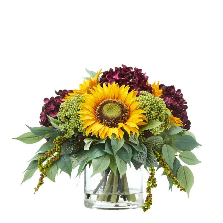 11" Sunflower And Hydrangea Artificial Arrangement A1122-PP By Nearly Natural