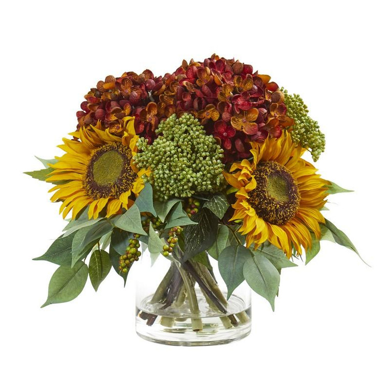 11" Sunflower And Hydrangea Artificial Arrangement A1122-RU By Nearly Natural