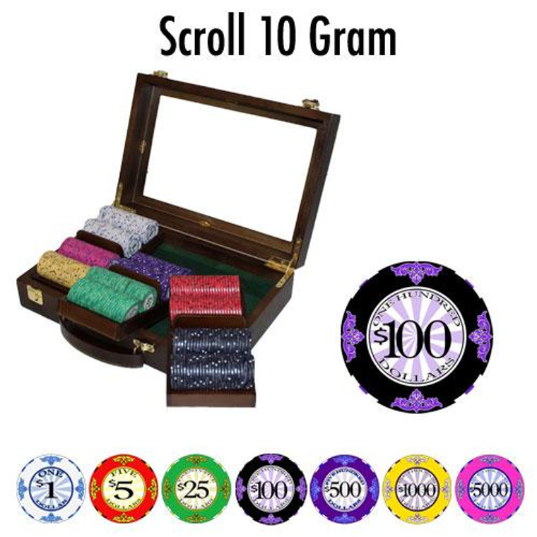 300 Ct Standard Breakout Scroll Poker Chip Set Walnut Case CSSC-300W By Brybelly