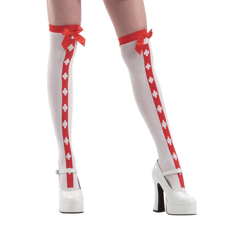 White Red Stripe Nurse Thigh High Costume Tights MCOS-316 By Brybelly
