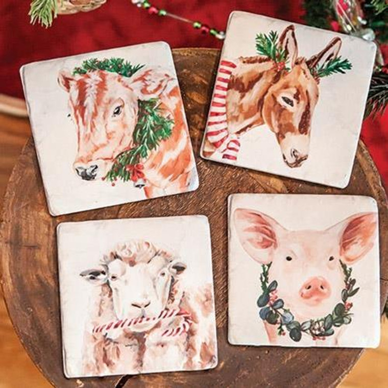 4/Set Christmas Farm Animals Resin Coasters G65147 By CWI Gifts