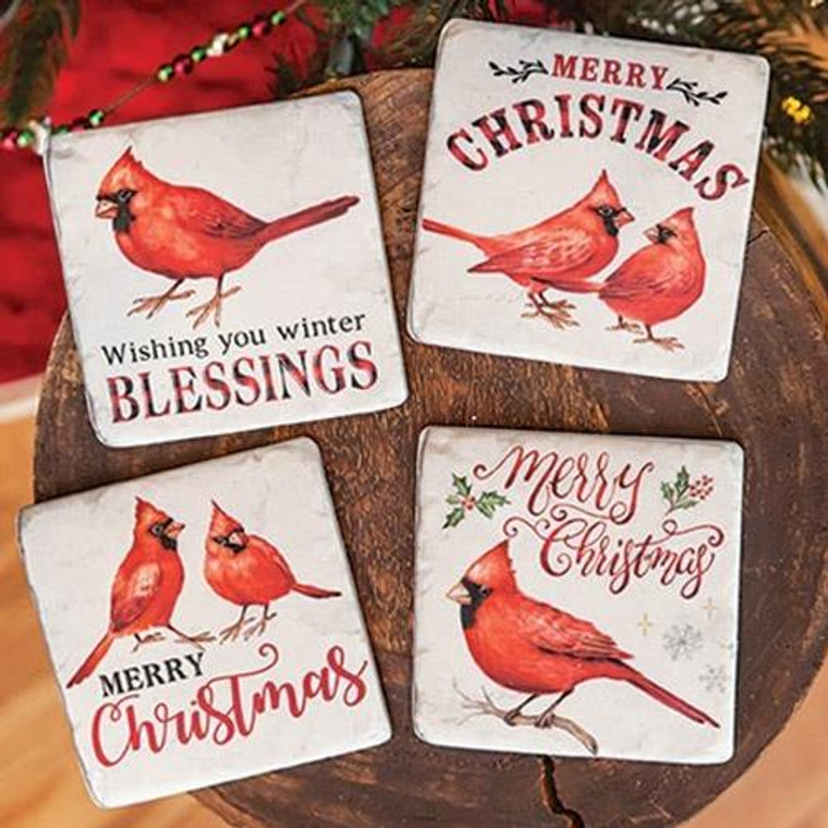 4/Set Christmas Cardinals Resin Coasters G65146 By CWI Gifts
