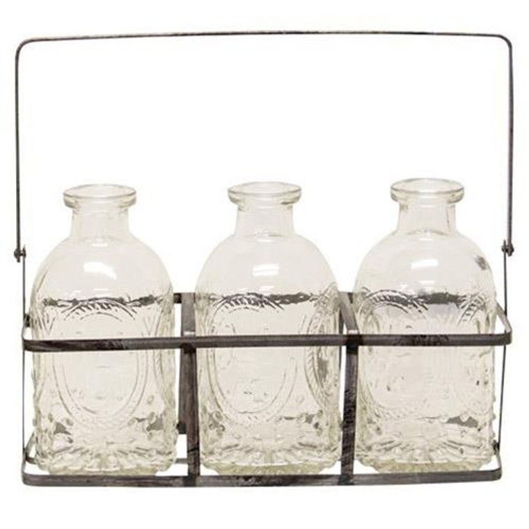 Metal Carrier With 3 Vintage Embossed Glass Bottles G30115 By CWI Gifts