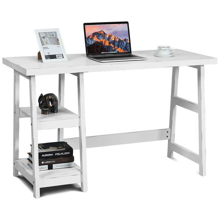Trestle Computer Desk Home Office Workstation With Removable Shelves-White HW63370WH