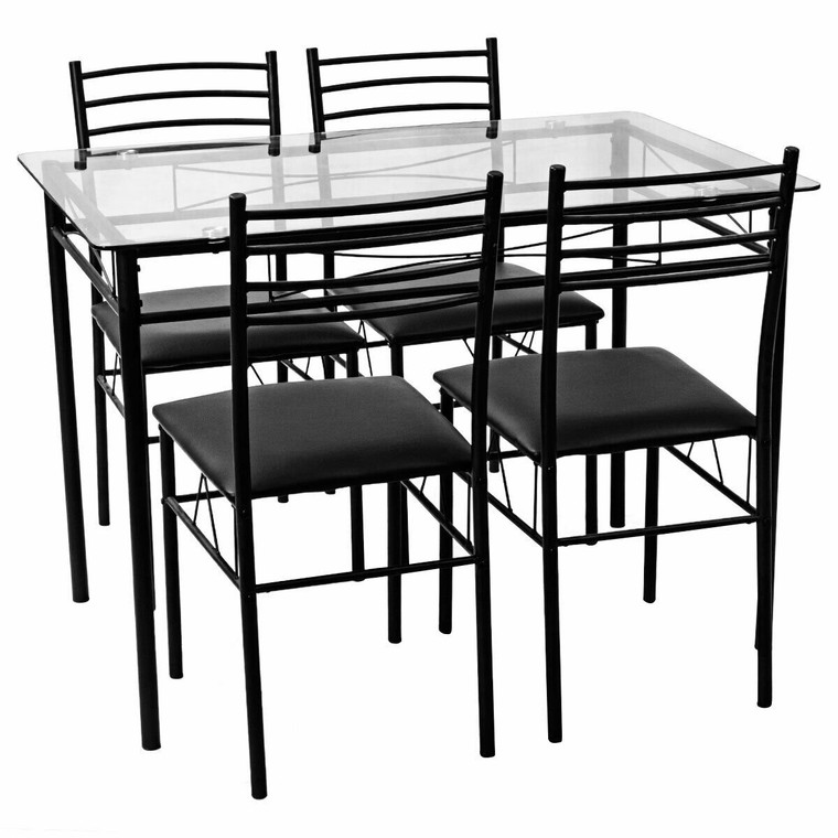 5 Pcs Dining Glass Top Table & 4 Upholstered Chairs HW56030