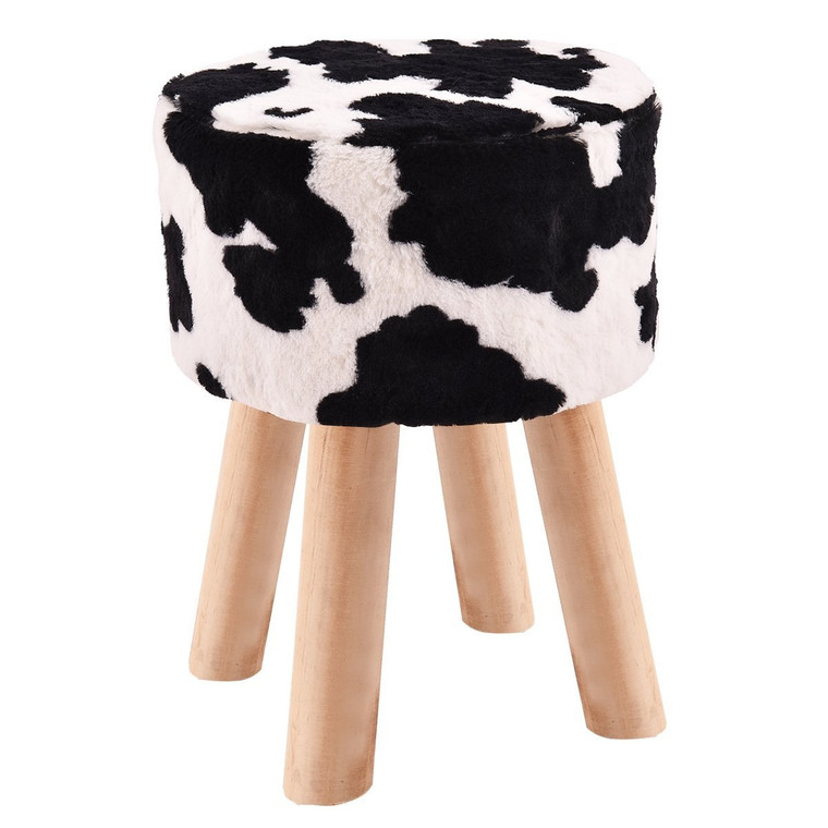 Cow Pattern Faux Fur Round Stool With 4 Wooden Legs HW54455