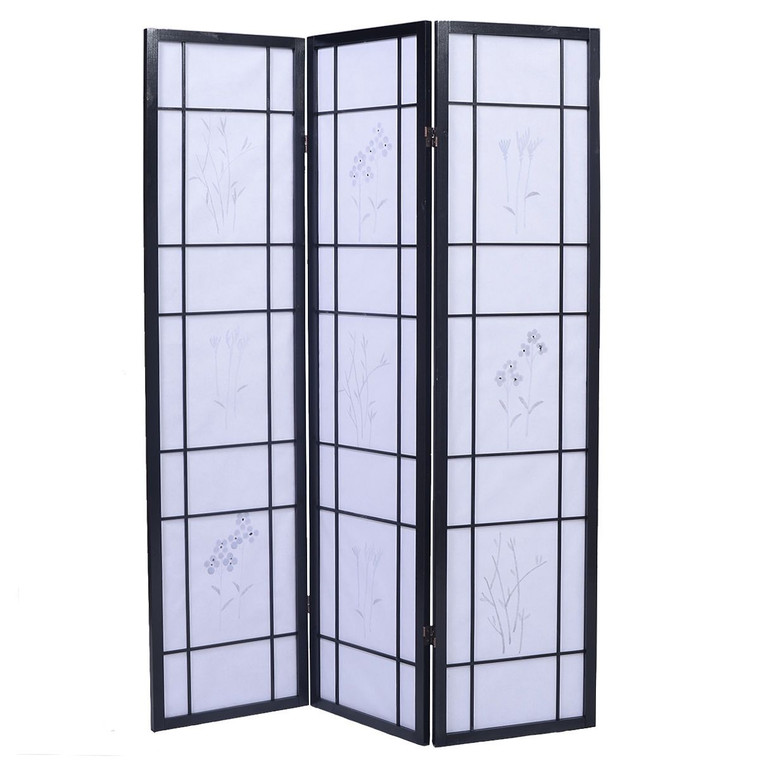 3 Panels Printing Flower Solid Wood Room Screen-Black HW48386BK