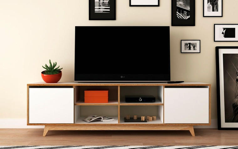 Manhattan Comfort Mid-Century - Modern Jones 63" Tv Stand In With 8 Shelves White And Pine Wood 160AMC160