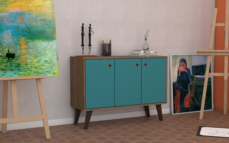 Manhattan Comfort Mid-Century- Modern Bromma 35.43" Sideboard 2.0 With 3 Shelves In Oak And Aqua Blue 155AMC201