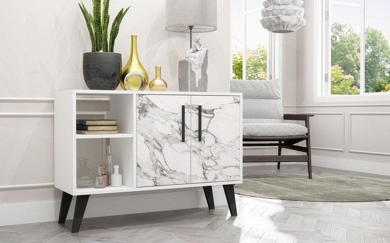 Manhattan Comfort Mid-Century- Modern Amsterdam 35.43" Sideboard With 4 Shelves In White Marble 147AMC208