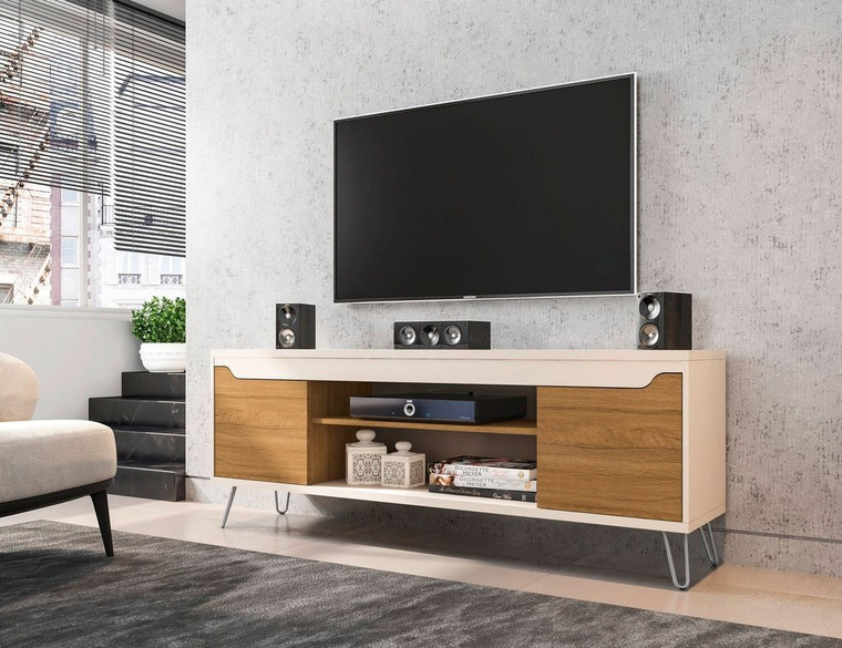Manhattan Comfort Baxter Mid-Century - Modern 62.99" Tv Stand With 4 Shelves In Off White And Cinnamon 217BMC12