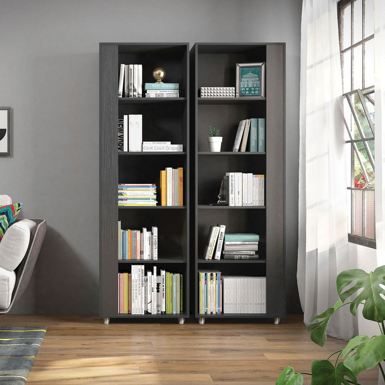 Manhattan Comfort Cypress Mid-Century- Modern Bookcase With 5 Shelves- Set Of 2 In Black 2-12LC5