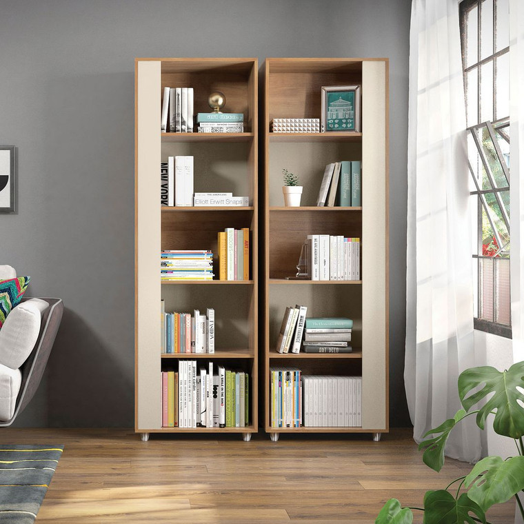 Manhattan Comfort Cypress Mid-Century- Modern Bookcase With 5 Shelves- Set Of 2 In Nature And Off White 2-12LC4