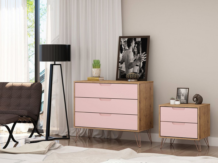 Manhattan Comfort Rockefeller Mic Century- Modern Dresser And Nightstand With Drawers- Set Of 2 In Nature And Rose Pink 104GMC6