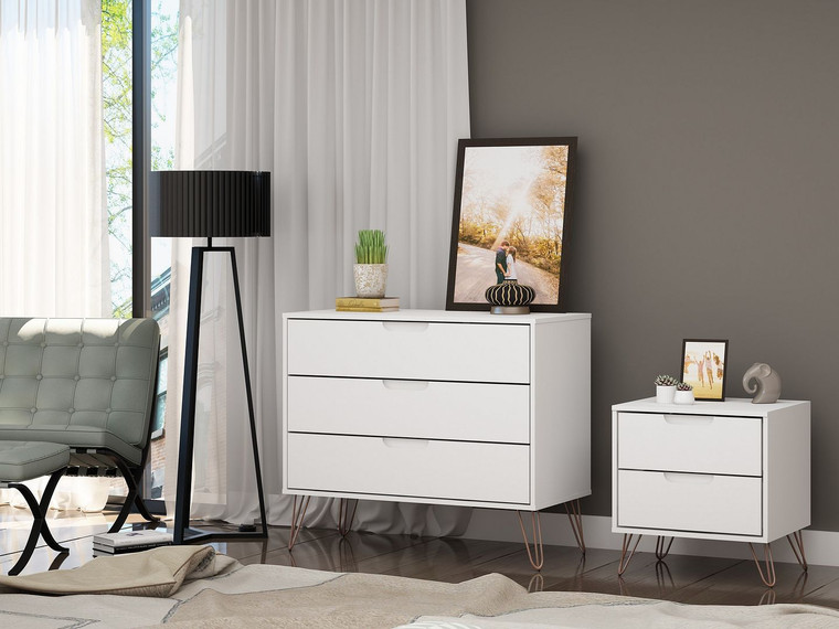 Manhattan Comfort Rockefeller Mic Century- Modern Dresser And Nightstand With Drawers- Set Of 2 In Off White And Nature 104GMC3