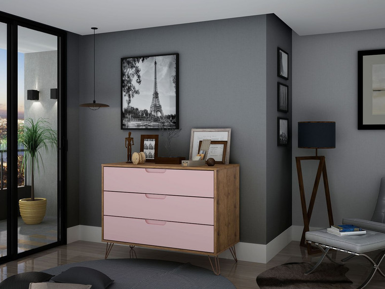 Manhattan Comfort Rockefeller Mid-Century- Modern Dresser With 3- Drawers In Nature And Rose Pink 103GMC6
