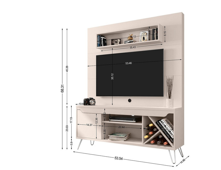 Manhattan Comfort Baxter 53.54 Mid-Century Modern Freestanding Entertainment Center With Media Shelves And Wine Rack In Off White 218BMC1