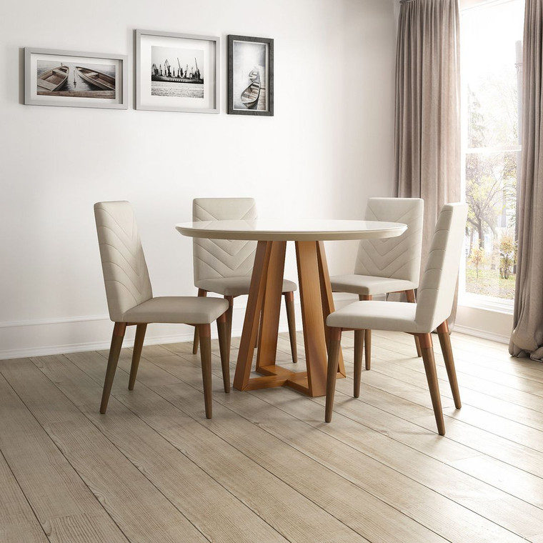 Manhattan Comfort Duffy 45.27 Modern Round Dining Table And Utopia Chevron Dining Chairs In Off White And Beige - Set Of 5 2-1018551109251