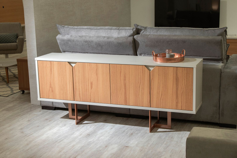 Manhattan Comfort Knickerbocker 71.25 Modern Sideboard With 6 Shelves And Steel Base In Cinnamon And Off White 1021751