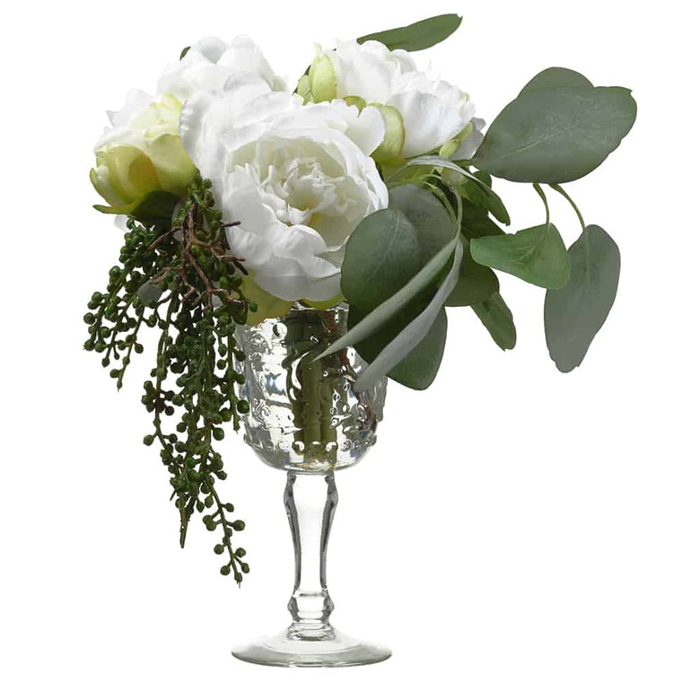 11"H X 9"W X 11"L Peony/ Eucalyptus In Vintage Glass Vase White Green WF9318-WH/GR By Silk Flower