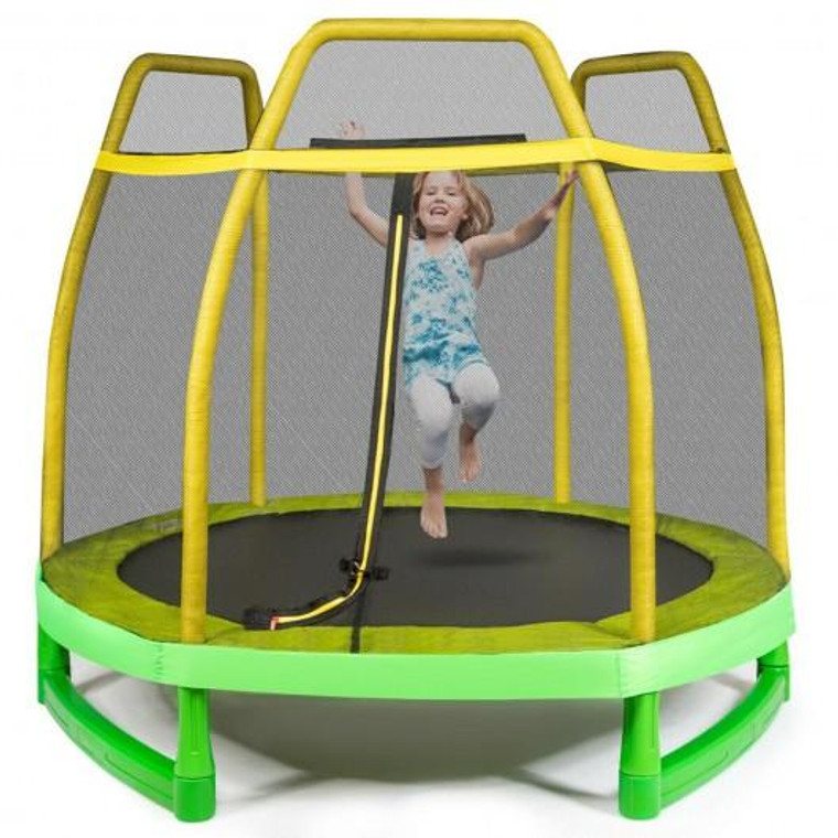 7Ft Kids Trampoline W/ Safety Enclosure Net-Yellow SP36965YW