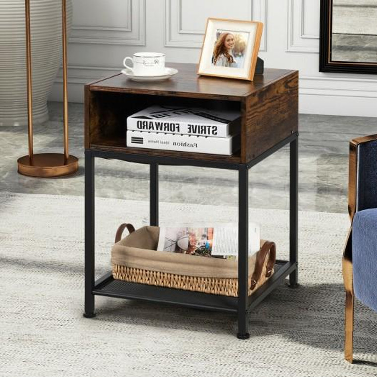 Industrial Nightstand End Side Table With Mesh Shelf HW65663