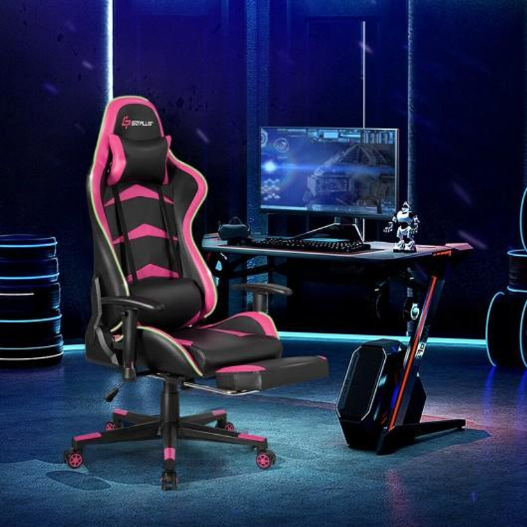 Massage Led Gaming Chair With Lumbar Support & Footrest-Pink HW62042PI