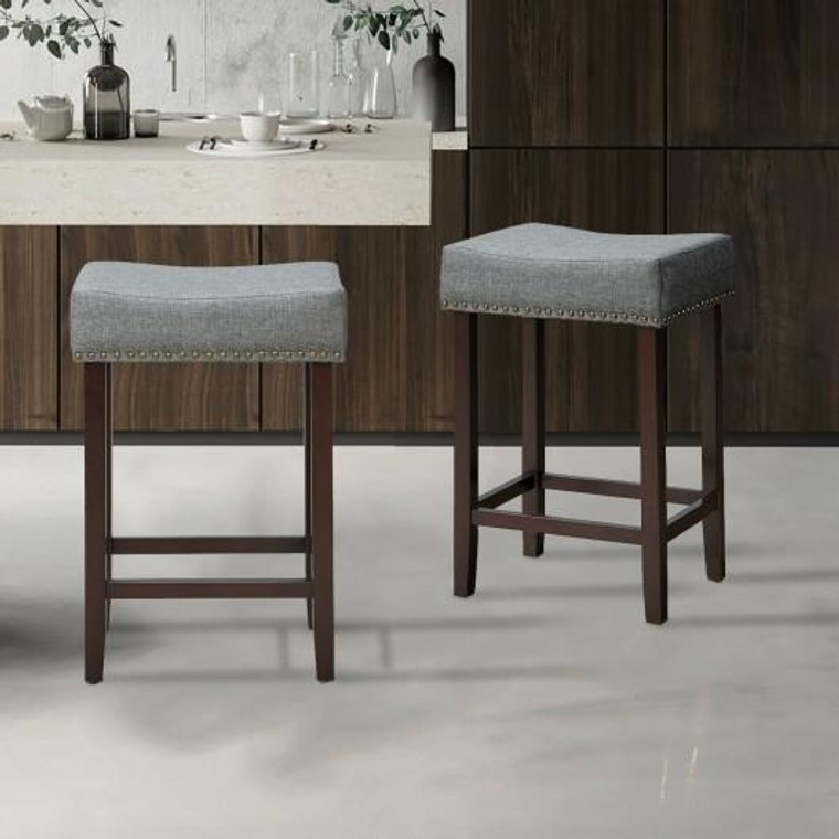 2 Pcs Nailhead Saddle Bar Stools With Fabric Seat & Wood Legs-Gray HW66008GR