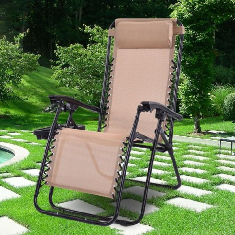 Outdoor Folding Zero Gravity Reclining Lounge Chair W/ Utility Tray-Beige OP70528BE