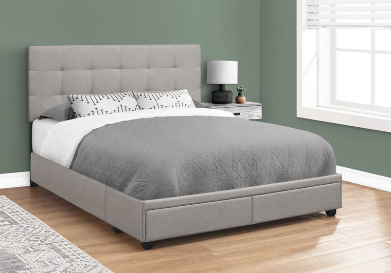 Monarch Bed - Queen Size - Grey Linen With 2 Storage Drawers I 6020Q