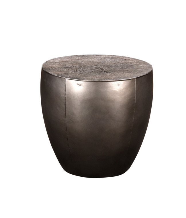 Bengal Manor Distressed Grey Mango Wood And Pewter Metal Drum Base Round End Table CVFNR710