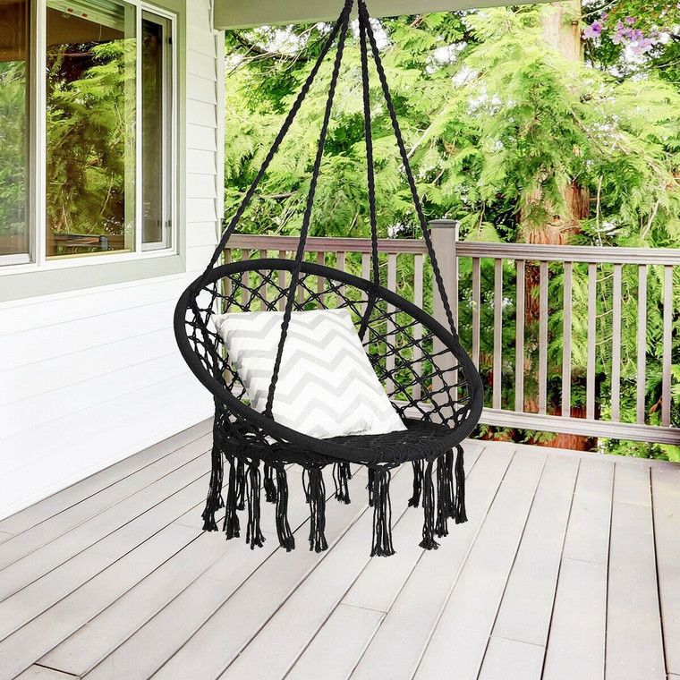 Hanging Macrame Hammock Chair With Handwoven Cotton Backrest-Black HW63846BK