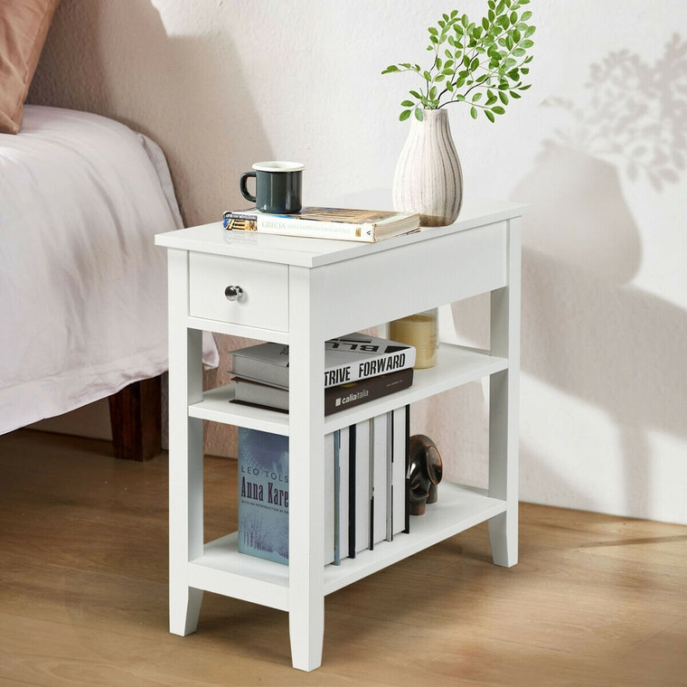 3-Tier Nightstand Bedside Table Sofa Side With Double Shelves Drawer-White HW61591WH