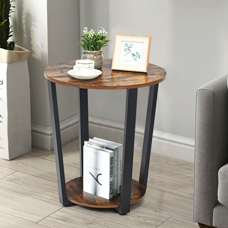 2-Tier Round End Table With Storage Shelf & Metal Frame-Brown HW63074CF