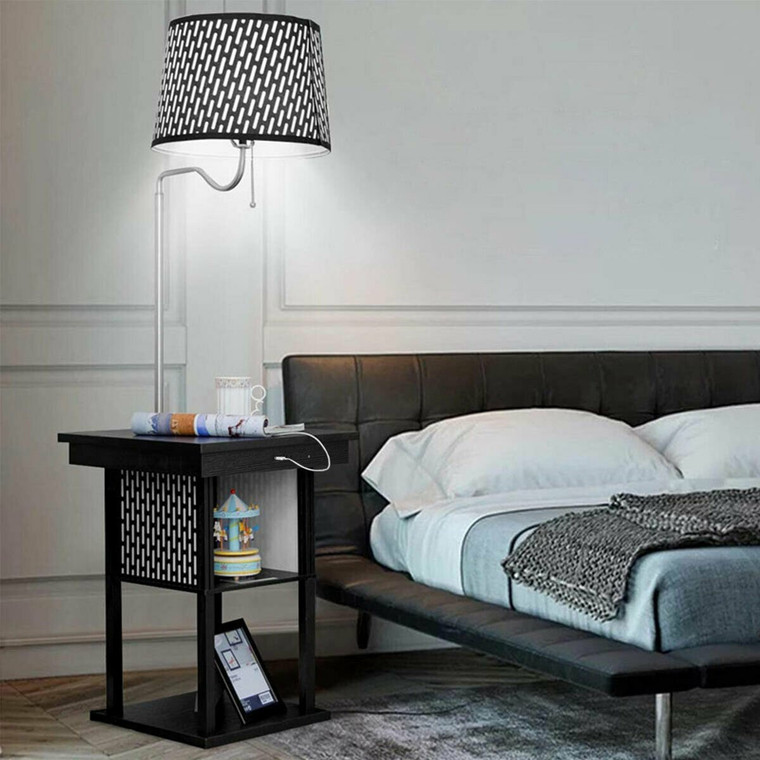Floor Lamp Bedside Desk With Usb Charging Ports Shelves-Black EP24507US