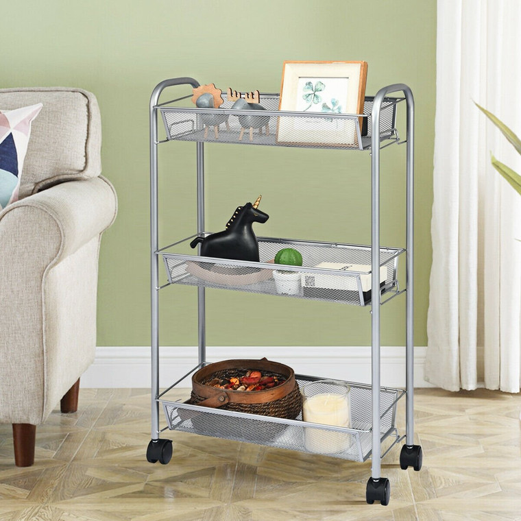3-Tier Mesh Rolling Cart Mobile Organizer Stand Utility Cart Trolley-Gray HW63143GR