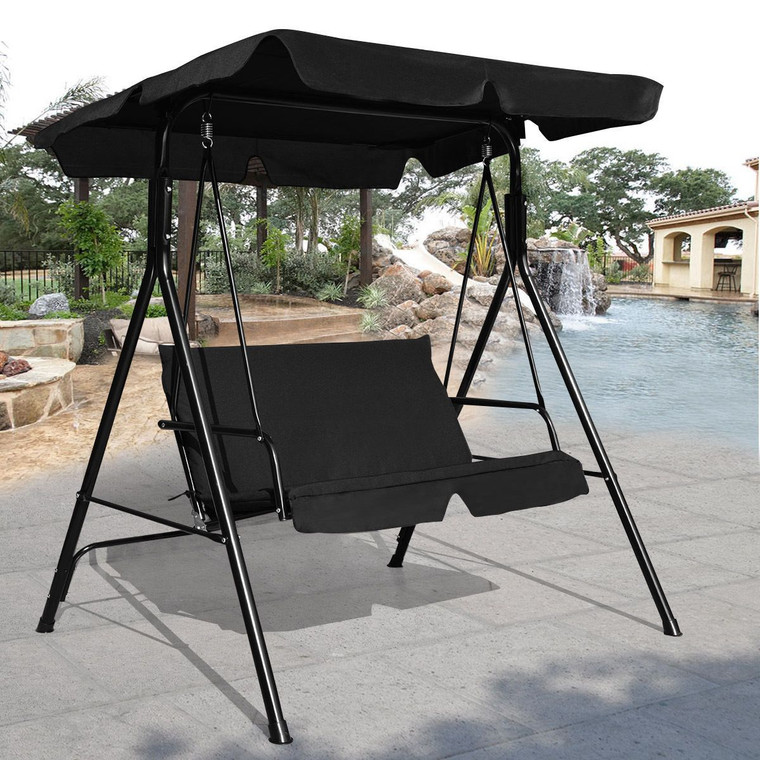 Steel Frame Outdoor Loveseat Patio Canopy Swing With Cushion-Black OP70493BK