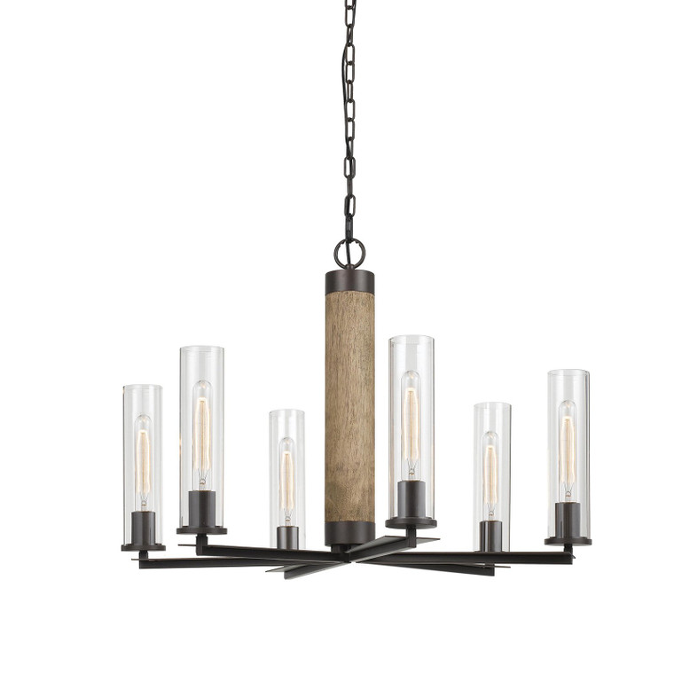 Calighting 60W X 6 Silverton Metal/Wood 6 Light Chandelier With Glass Shades. (Edison Bulbs Included) FX-3665-6