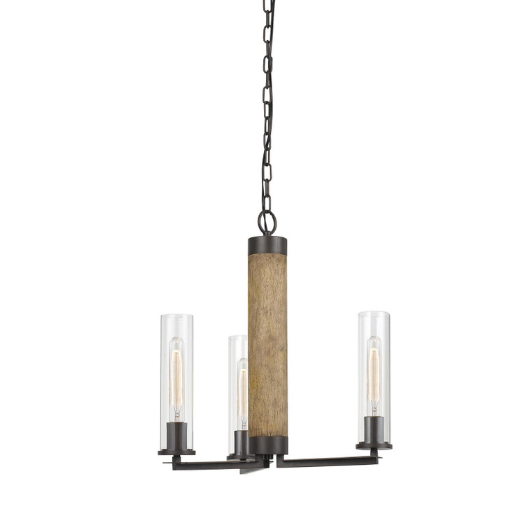 Calighting 60W X 3 Silverton Metal/Wood 3 Light Chandelier With Glass Shades. (Edison Bulbs Included) FX-3665-3