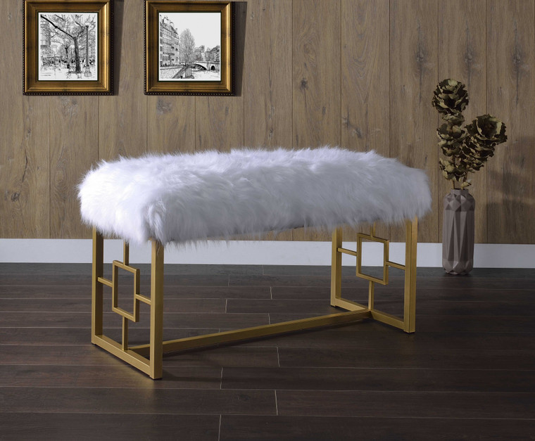 Homeroots 18" X 38" X 21" White Faux Fur Gold Metal Upholstered (Seat) Bench 347540
