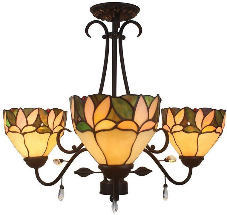Homeroots Apple 3-Light Leafy 16-Inch Tiffany-Style With Crystals Ceiling Lamp 320455
