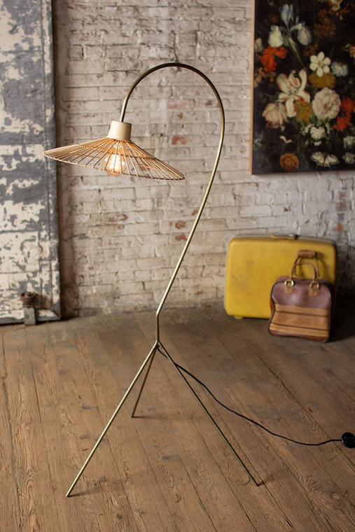 Antique Brass Finish Floor Lamp With Rattan Umbrella Shade NEP1001 By Kalalou