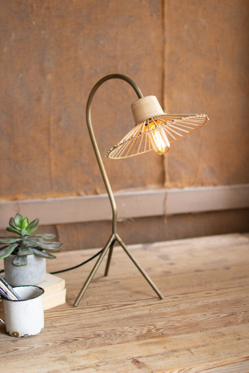Antique Brass Finish Table Lamp With Rattan Umbrella Shade NEP1000 By Kalalou