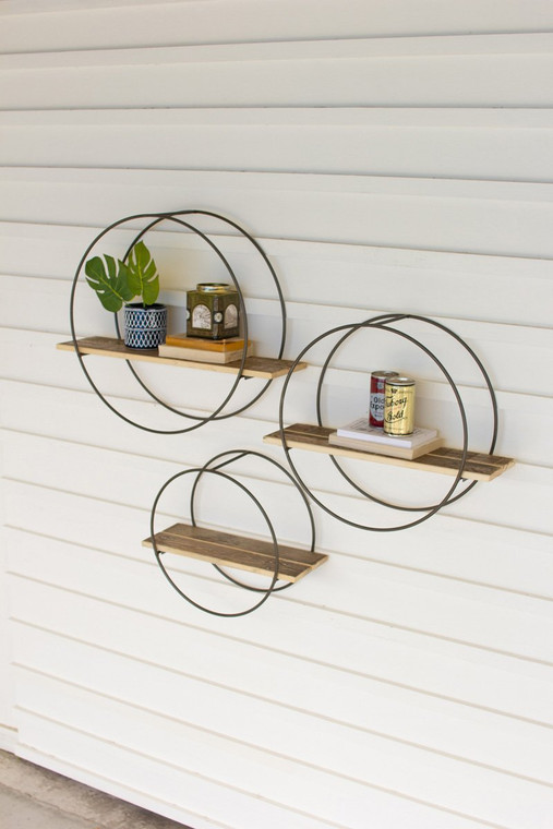 Set Of Three Recycled Wood Shelves With Round Metal Frames CQ7488 By Kalalou