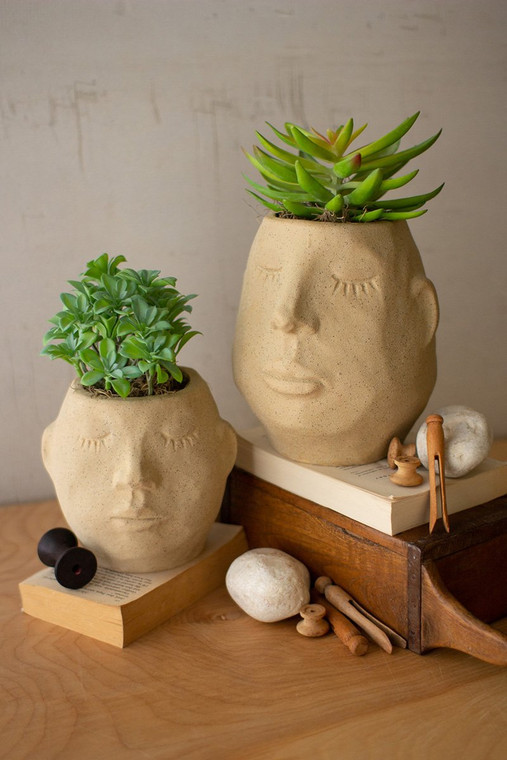 Set Of Two Ceramic Face Planters CDV2034 By Kalalou