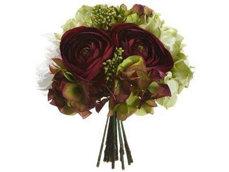 10.5" Hydrangea/Ranunculus/ Peony/Skimmia Bouquet Eggplant Green 6 Pieces FBQ062-EP/GR