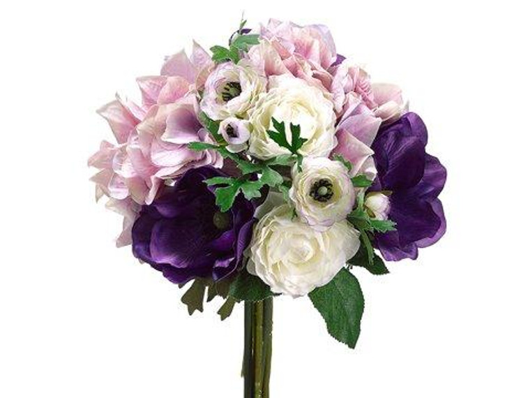 11" Hydrangea/Ranunculus/ Anemone Bouquet Purple Lavender 6 Pieces FBQ063-PU/LV